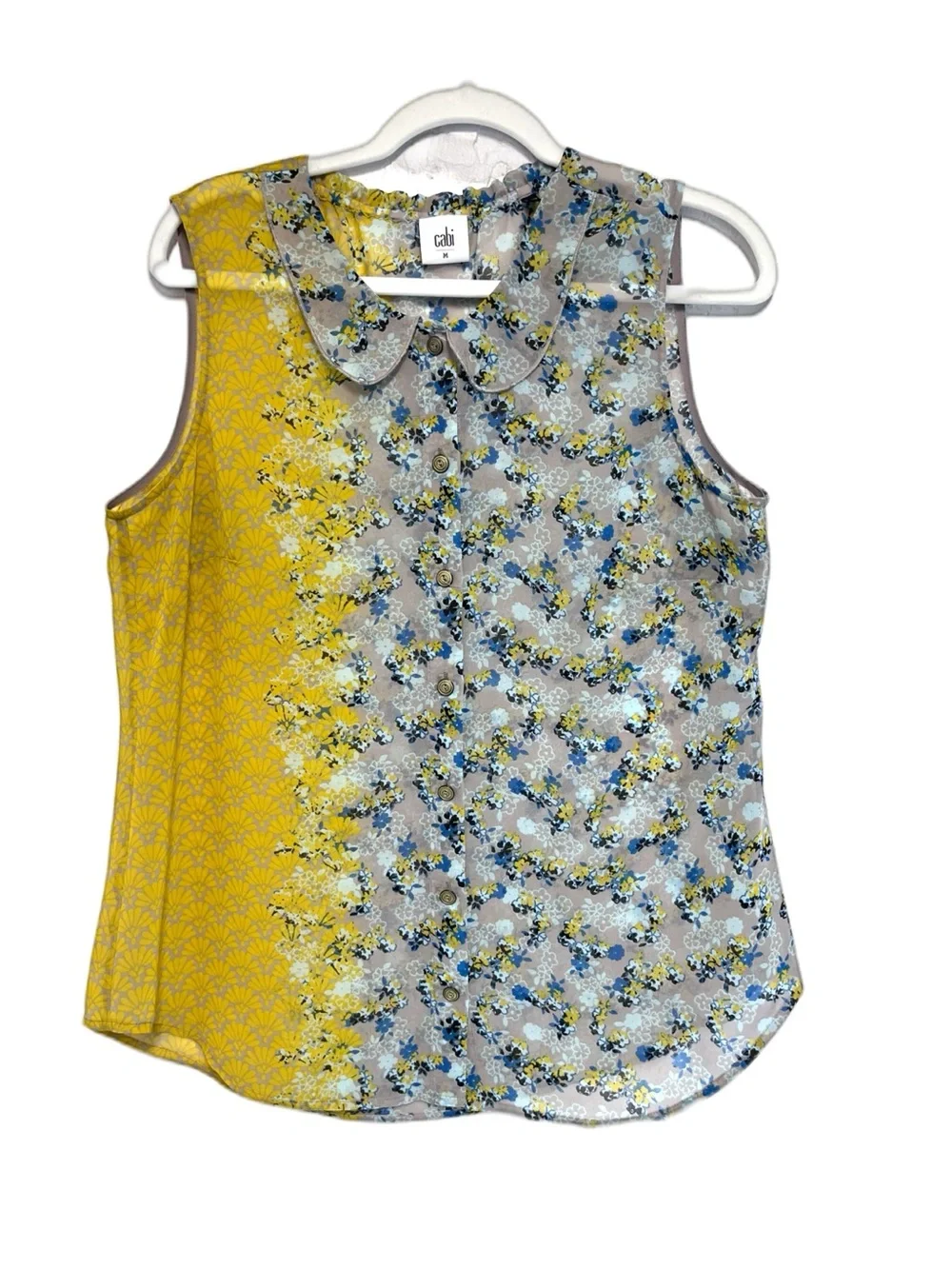 CAbi Yellow Gray Floral Button-Up Peter Pan Collar Sheer Sleeveless Blouse